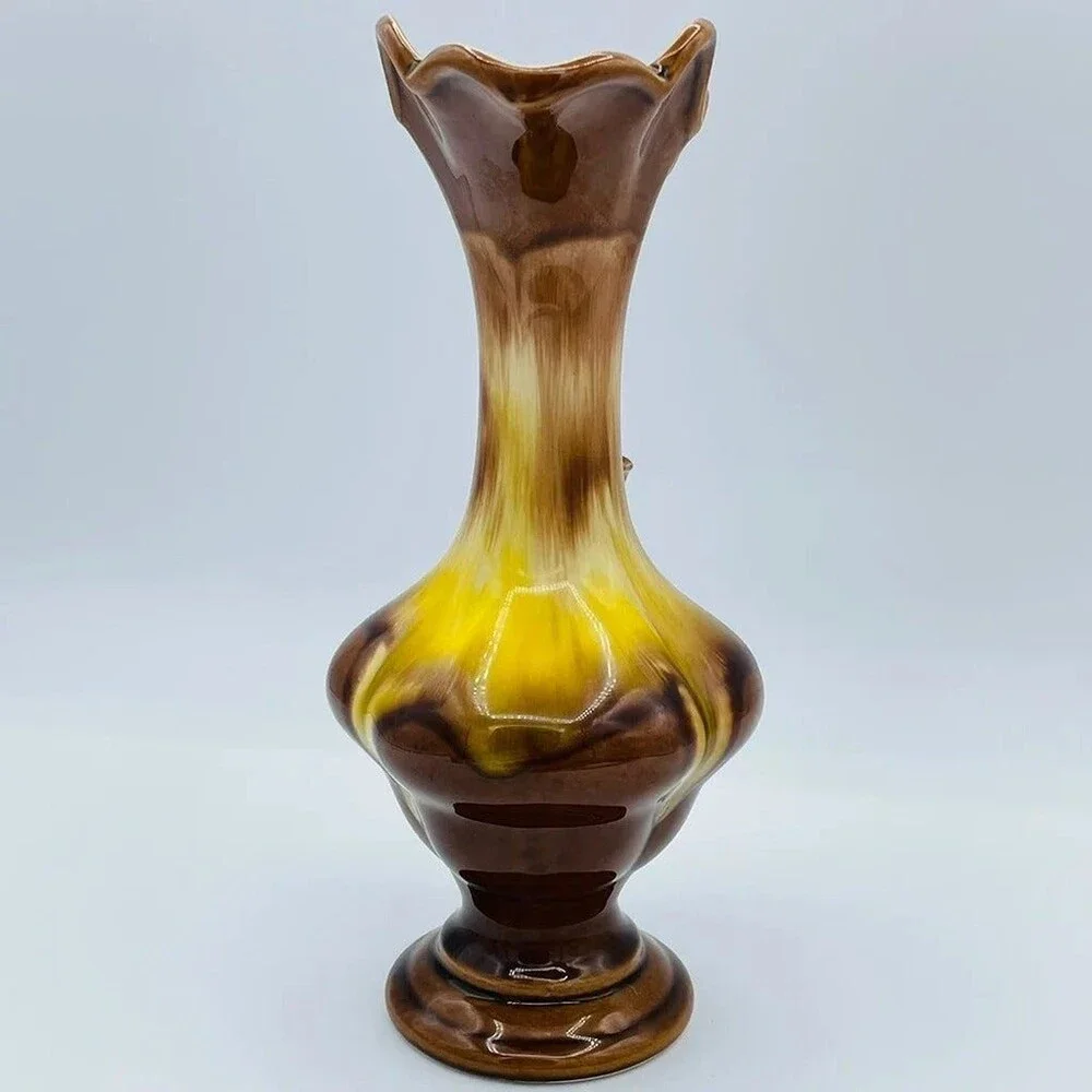 Vintage decorative drip glaze vase small pitcher w/ ruffled rim ornate handle